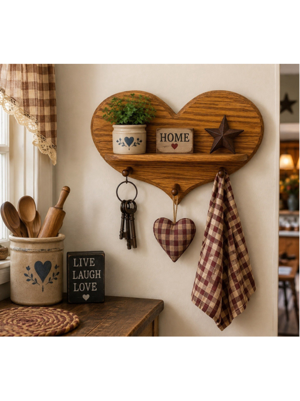 Vintage Solid Oak Heart Wall Shelf Key Holder Coat Rack 3 Peg Country Farmhouse
